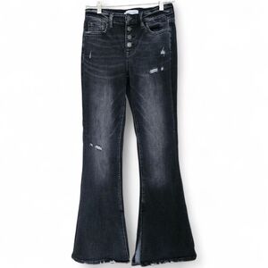 Flying Monkey High Waisted Black Flare Leg‎ Jeans Distressed Slit Raw Hem 27